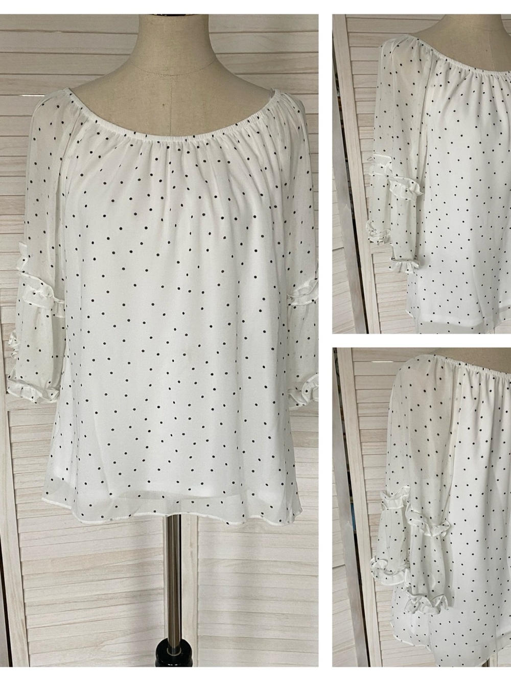 1. State Black and White Polka Dot Ruffled Sleeve Blouse SZ L